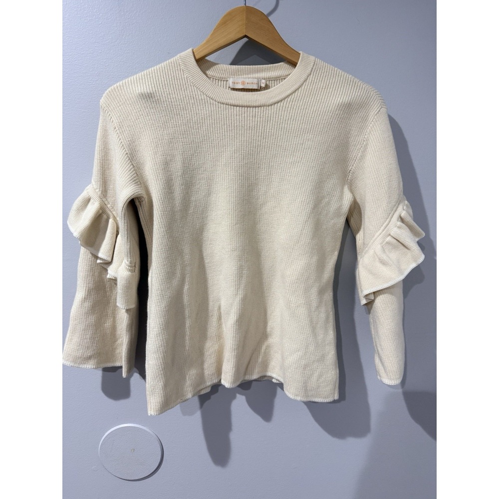 Tory Burch Ashley Ruffled Bell Sleeves Pullover Knit‎ Sweater Wool Ivory Small D